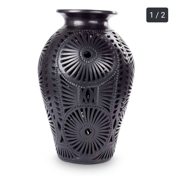 Novica Other - Novica Handmade Oaxacan Black Clay Floral Fiesta Vase